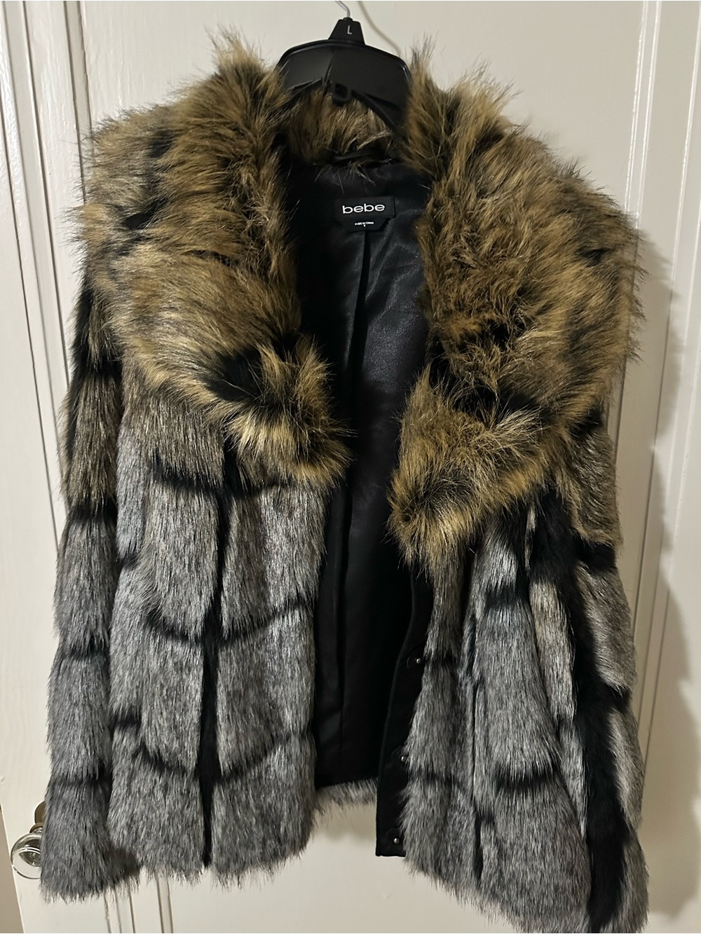 bebe Gray Faux Fur Jacket with Brown Faux Fur Collar